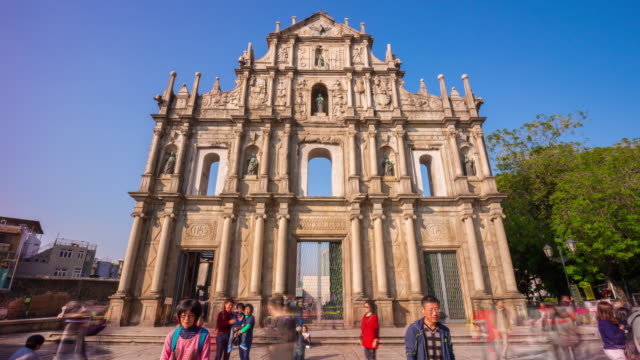 China-Sonnenuntergang-Licht-Macau-berühmten-Ruinen-von-St.-Paul-voll-Panorama-4k-Zeitraffer