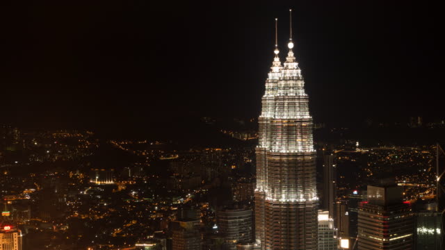 Time-Lapse---Nightscape-at-Kuala-Lumpur-City.-High-Angle/Aerial-View.-Petronas-Towers-Visible