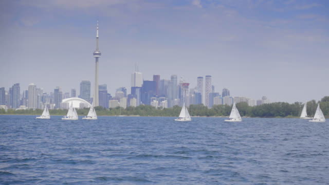Segelboot-im-Sommer-mit-Toronto-im-sonnigen-Hintergrund