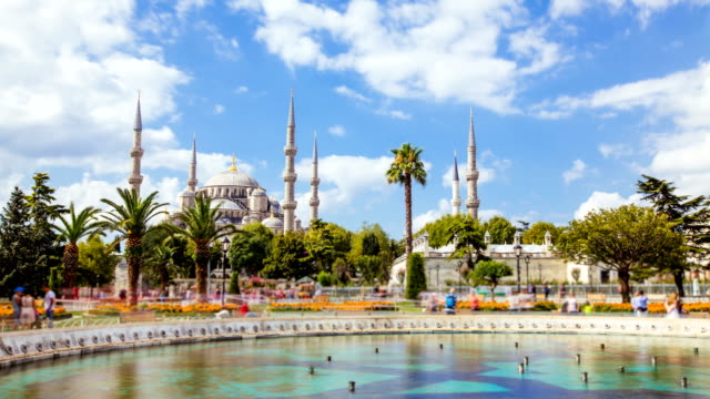 Timelapse-of-The-Blue-Mosque-or-Sultanahmet-outdoors-in-Istanbul-city-in-Turkey