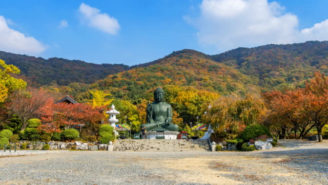Time-lapse-of-autumn-Statue-of-Buddha-in-Temple,-Seoul-Korea.
