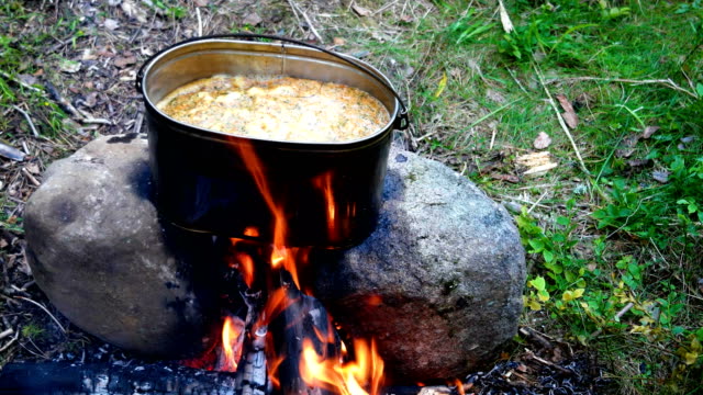 Cocinar-sopa-en-una-olla-de-fuego.-Camping-en-el-bosque-de-verano
