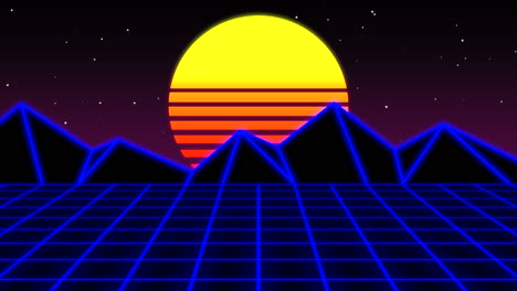Big-sun-and-neon-mountain-with-blue-grid-in-galaxy
