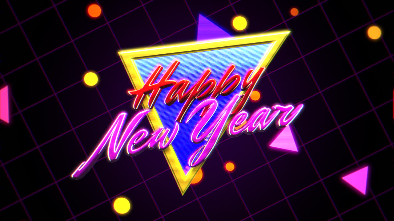 Premium stock video - Happy new year with neon retro triangle and