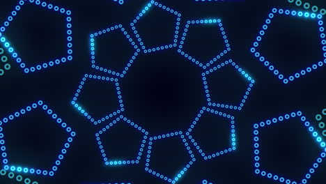 Neon-blue-hexagons-in-spiral-with-dots-on-black-gradient