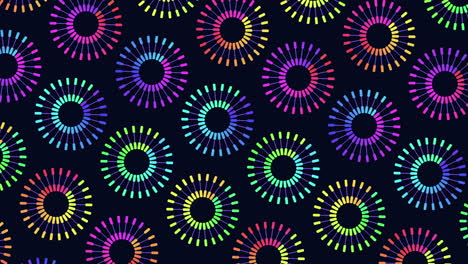 Digital-and-futuristic-rainbow-circles-pattern-in-rows-from-dots-and-lines-on-black-gradient