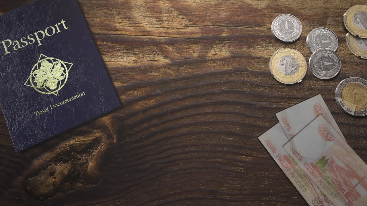 travel passport with paper and coin money on wood table