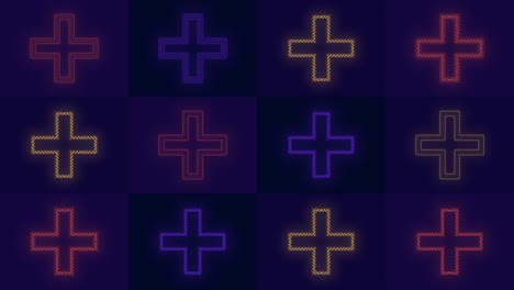 Pulsing-neon-colorful-plus-sign-pattern-in-rows