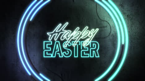 Happy-Easter-with-blue-neon-circles-on-wall