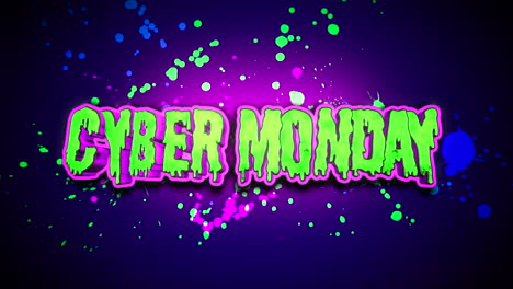 Green-Cyber-Monday-cartoon-text-with-ink-splashes-on-blue-texture