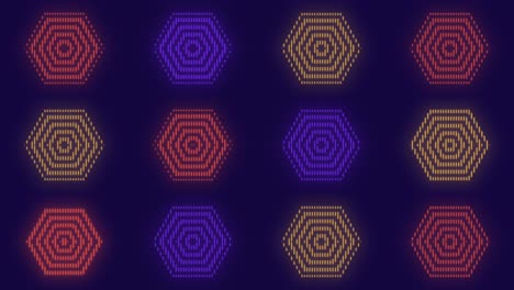 Pulsing-neon-hexagons-pattern-in-rows