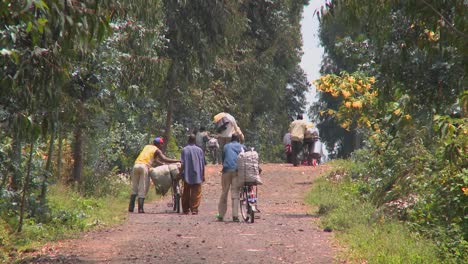 People-walk-their-bicycles-loaded-with-goods-down-a-rural-road-in-Rwanda