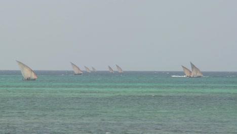 Dhau-Segelboote-Fahren-Vor-Der-Küste-Von-Sansibar-Ins-Meer