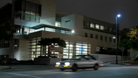 Establishing-shot-of-a-police-station-at-night