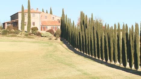 A-wide-shot-of-a-farm-villa-with-long-rows-of-trees-in-Tuscany-Italy-7