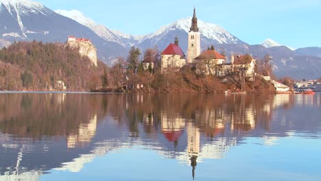 A-church-stands-on-an-island-at-Lake-Bled-Slovenia-1