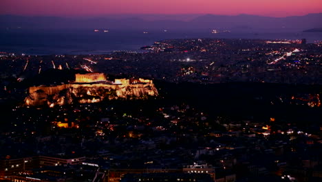 Beautiful-establishing-shot-of-Athens-Greece-and-the-Acropolis-at-dusk-or-night