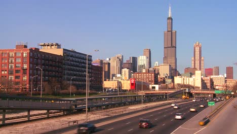 Time-lapse-of-cars-drive-on-a-freeway-heading-into-Chicago-Illinois
