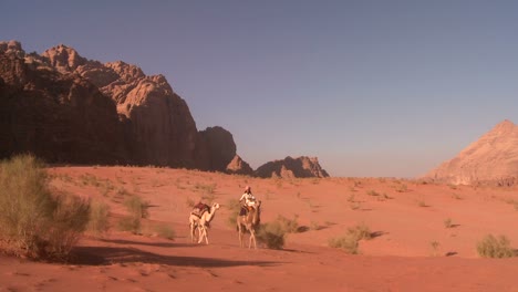 Tren-De-Camellos-Con-Conductor-Beduino-Se-Mueve-A-Través-De-Los-Vastos-Paisajes-Desérticos-De-Wadi-Rum-En-Los-Desiertos-De-Arabia-Saudita-De-Jordania.
