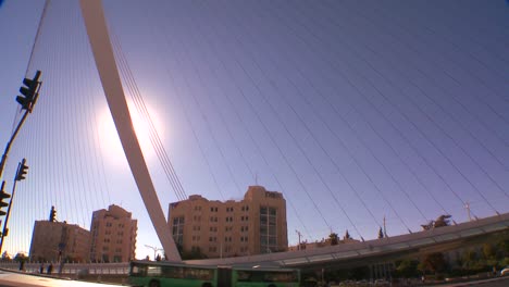 Tilt-up-to-a-huge-bridge-in-the-form-of-a-harp-greets-visitors-in-the-new-city-of-Jerusalem-Israel