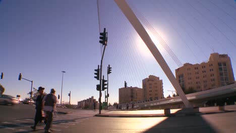 Tilt-up-to-a-huge-bridge-in-the-form-of-a-harp-greets-visitors-in-the-new-city-of-Jerusalem-Israel-1