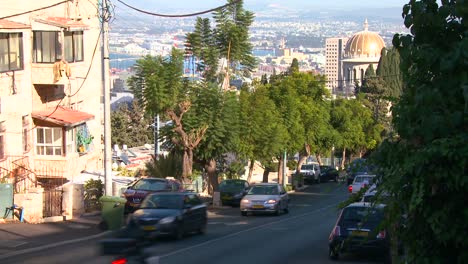 Establishing-shot-overlooking-apartments-and-buildings-and-the-Bahai-Temple-in-Haifa-israel