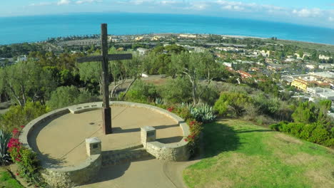 An-aerial-shot-over-a-California-christian-cross-over-the-city-of-Ventura