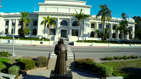 An-aerial-shot-past-the-father-Junipero-Serra-reveals-Ventura-City-Hall-government-building
