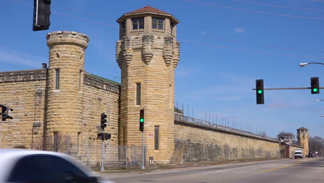 Establishing-shot-of-the-defunct-old-Joliet-prison-near-Chicago-Illinois