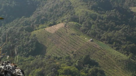 An-aerial-view-of-a-farm-from-high-above-on-a-hillside