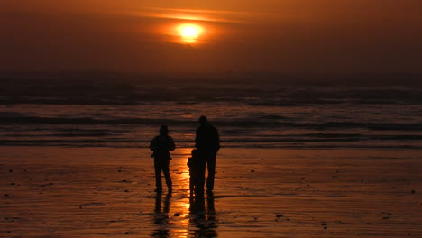 A-family-stands-on-the-beach-silhouetted-against-the-setting-sun