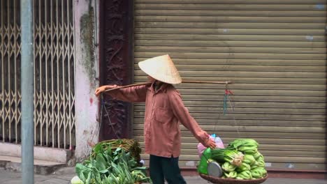 Eine-Frau-Trägt-In-Vietnam-Eine-Schwere-Last-Auf-Der-Straße