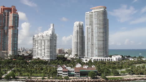 Wide-shot-of-downtown-Miami-Florida-and-high-rise-apartments-POV-from-a-cruise-ship