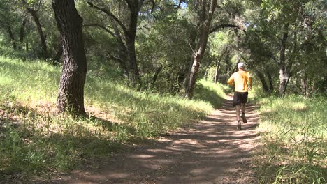 Pan-of-a-man-trail-running-in-the-forest-on-the-Ventura-River-Preserve-in-Ojai-California