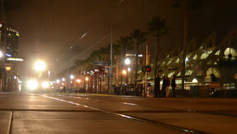 San-Diego's-Orange-Line-Trolley-leaving-the-National-Historic-District-in-the-Gaslamp-Quarters-in-San-Diego-California