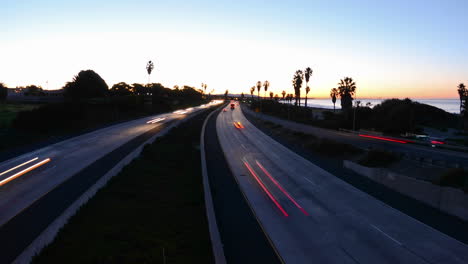 Wide-angle-Time-lapse-zooming-out-of-morning-rush-hour-traffic-on-the-Ventura-Freeway-on-Highway-101-through-Ventura-California