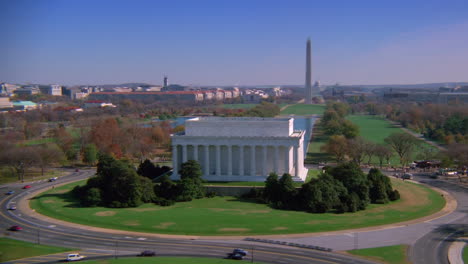 Beautiful-aerial-over-the-Lincoln-Memorial-in-Washington-DC-with-Washington-Monument-background
