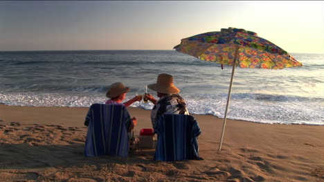 A-couple-under-an-umbrella-on-the-beach-make-a-toast-and-share-a-kiss