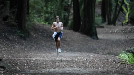 A-shirtless-man-runs-in-a-forested-area