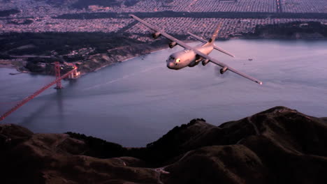 Aerials-Of-The-Us-Air-Force-Air-Mobility-Command-C130J-In-Flight-Over-San-Francisco-And-The-Golden-Gate-Bridge