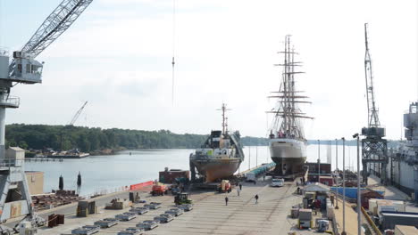 Time-Lapse-Of-A-Tall-Sailing-Ship-Being-Put-Into-Dry-Dock