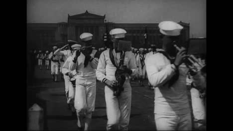 A-Navy-Marching-Band-Of-Sailors-Walks-In-Parade-In-Front-Of-Public-Buildings-In-Philadelphia