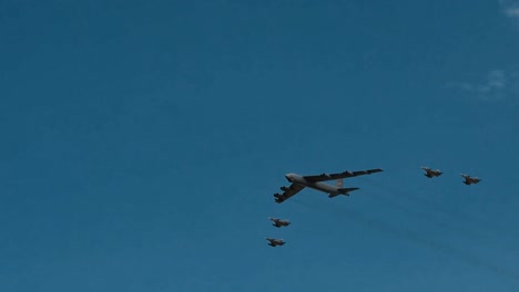 A-B52-Stratofortress-From-The-307Th-Bomb-Wing-At-Barksdale-Air-Force-Base-Louisiana-Conducts-A-Formation-Flyover-With-Four-Kfir-Fighters-In-Rionegro-Colombia-July-13-2019