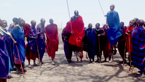 Masai-warrior-men-engage-in-a-traditional-tribal-dance-by-jumping-up-and-down-with-spears-Tanzania