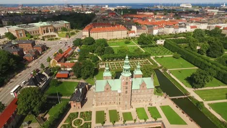 An-aerial-view-shows-Rosenborg-Castle-and-the-National-Gallery-of-Denmark-behind-it-in-Copenhagen-Denmark