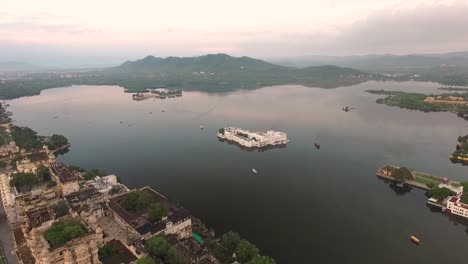 An-aerial-view-shows-the-Taj-Lake-Palace-on-Lake-Pichola-in-Udaipur-India-is-seen