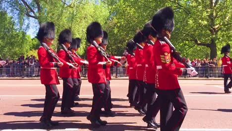 London-Buckingham-Palace-guards-march-down-a-road-in-the-United-Kingdom