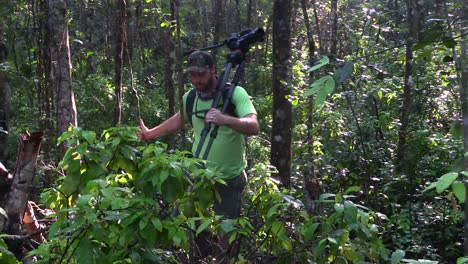 A-filmmaker-walks-through-a-jungle-or-rainforest-with-camera-and-tripod