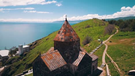 Aerial-of-Sevanavank-Monastery-on-Lake-Sevan-in-the-Caucasus-mountains-of-Armenia-1