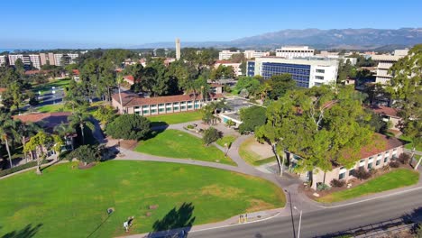Aerial-of-the-University-of-California-Santa-Barbara-UCSB-college-campus-with-Storke-Tower-distant-and-research-buildings